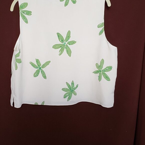 Finity Studio Cream Colored Silk Shell With Green Flowers/Beading - Picture 6 of 6